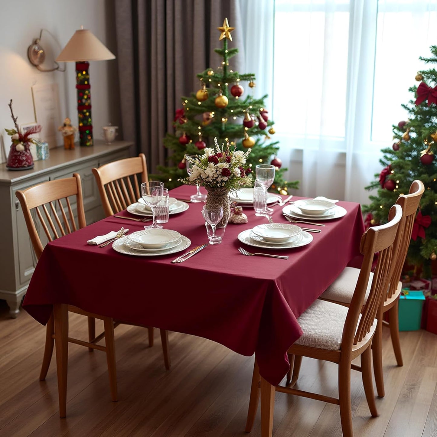 sancua Square Tablecloths 85x85 Inch Burgundy - Fabric Table Cloth for Square or Round Tables, Washable Polyester Table Cover for Christmas Dinner, Holiday Party, Decorative Display Tables