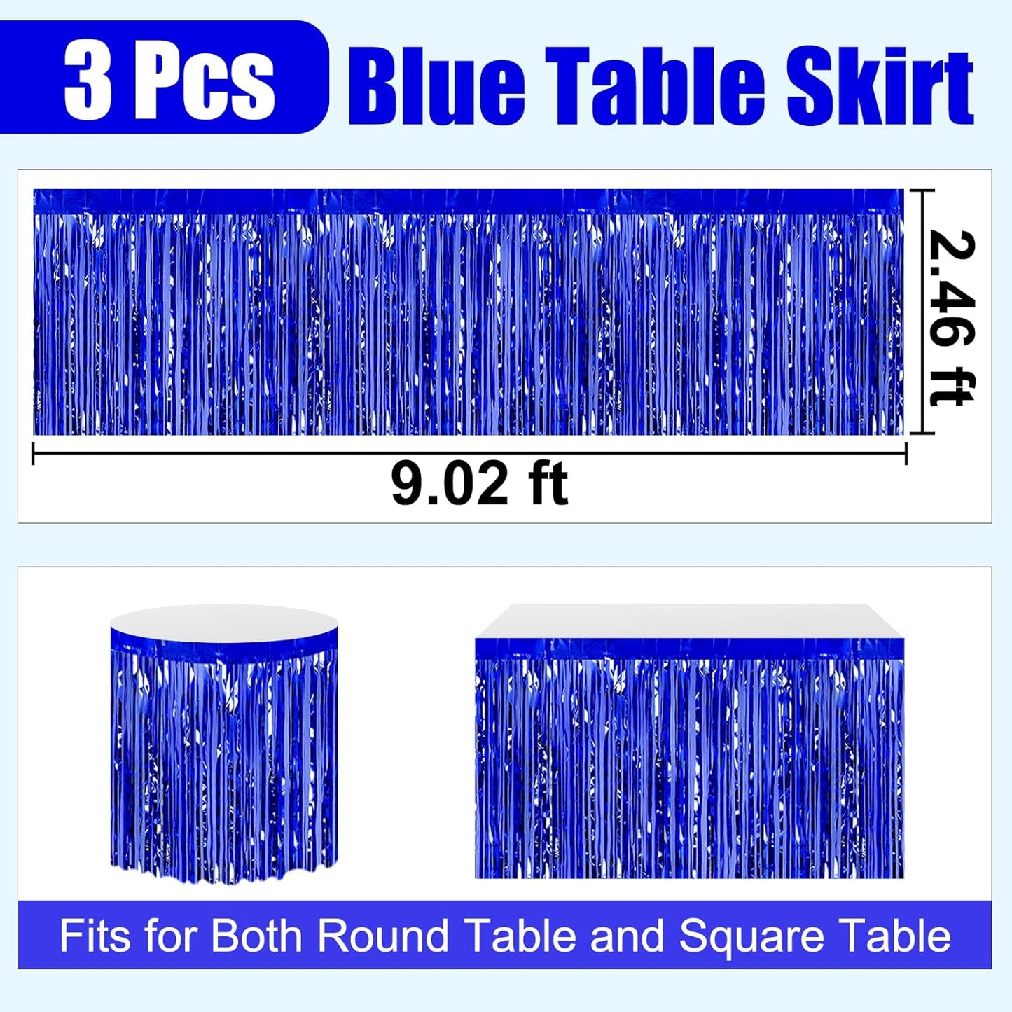 3 Pack 29 x108 Inch Blue Foil Fringe Table Skirts Metallic Banner for Tinsel Streamer Garland Backdrop for Parade Floats Wedding Thanksgiving Birthday Christmas Halloween New Year Party Decoration