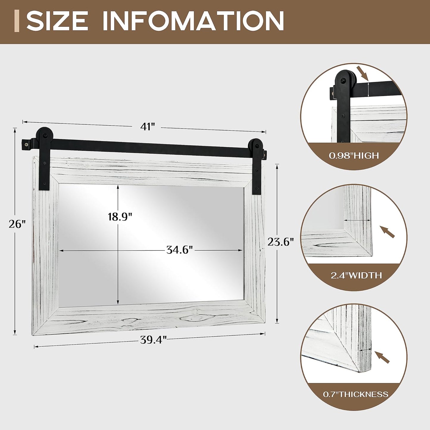 COGOOD Farmhouse Barn Door Mirror - 41" x 26" Rustic Wood Framed Wall Mirror for Bathroom, Living Room, Bedroom Wall Decor (White)
