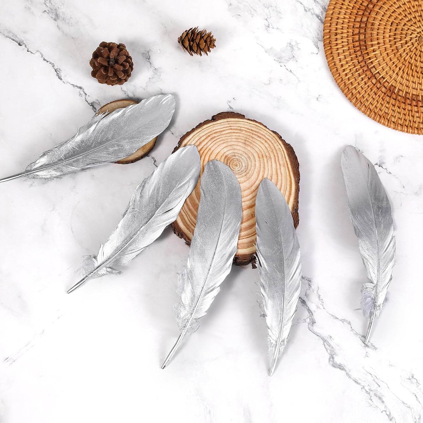 Larryhot Silver Goose Feathers for Crafts - 6-8 inch 60 pcs Natural Feathers for Wedding Party Decorations,DIY Crafts and Clothing Accessories (Silver)