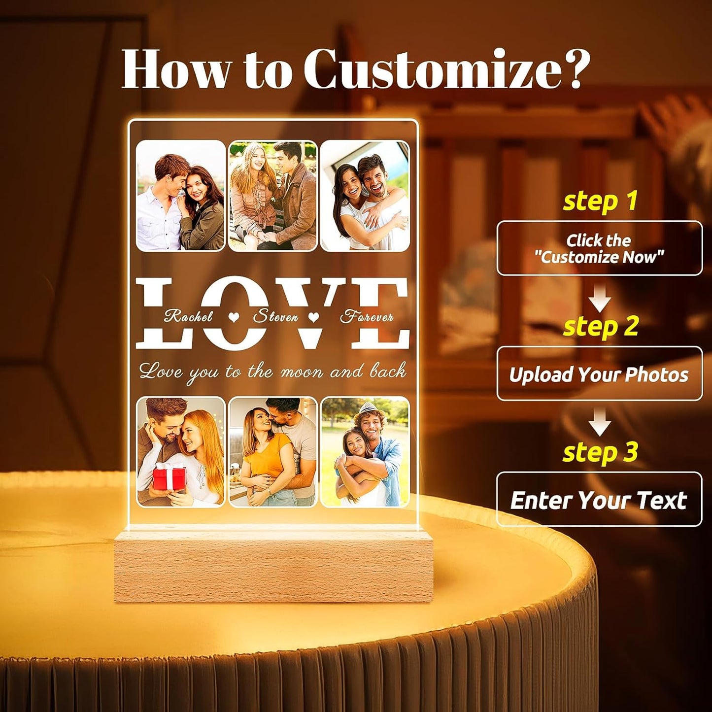 Personalized LOVE Picture Frames with Photo, Custom Photo Frame with Night Light, Customized Photo Gifts, Personalized Anniversary Couples Gifts for Women Men Her Him Boyfriend Girlfriend