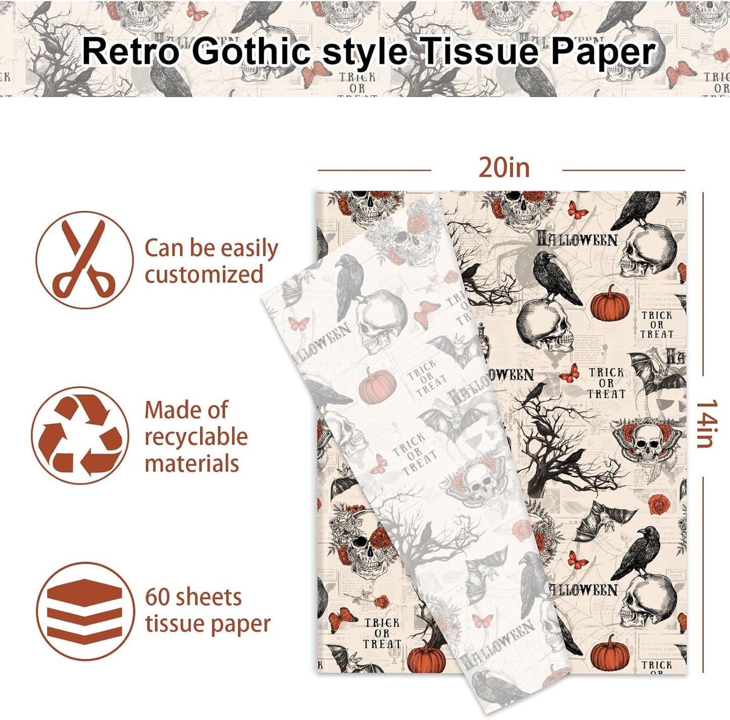 JarThenaAMCS 60 Pcs Halloween Tissue Paper Retro Gothic Skull Crow Pumpkin Wrapping Paper Decorative Art Tissue for Home Party Trick or Treat DIY Crafts, 14 x 20 Inch