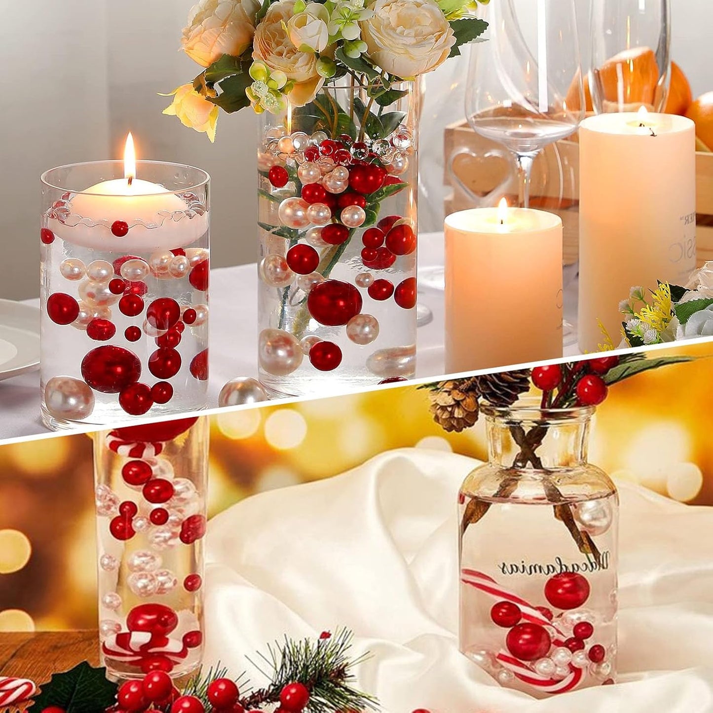 100PCS Red White Faux Pearls Beads for Centerpiece Vases, Vase Filler Faux Pearls, No Holes Filler Beads for Party Anniversary Birthday Wedding Table Decor, 14/20/30mm