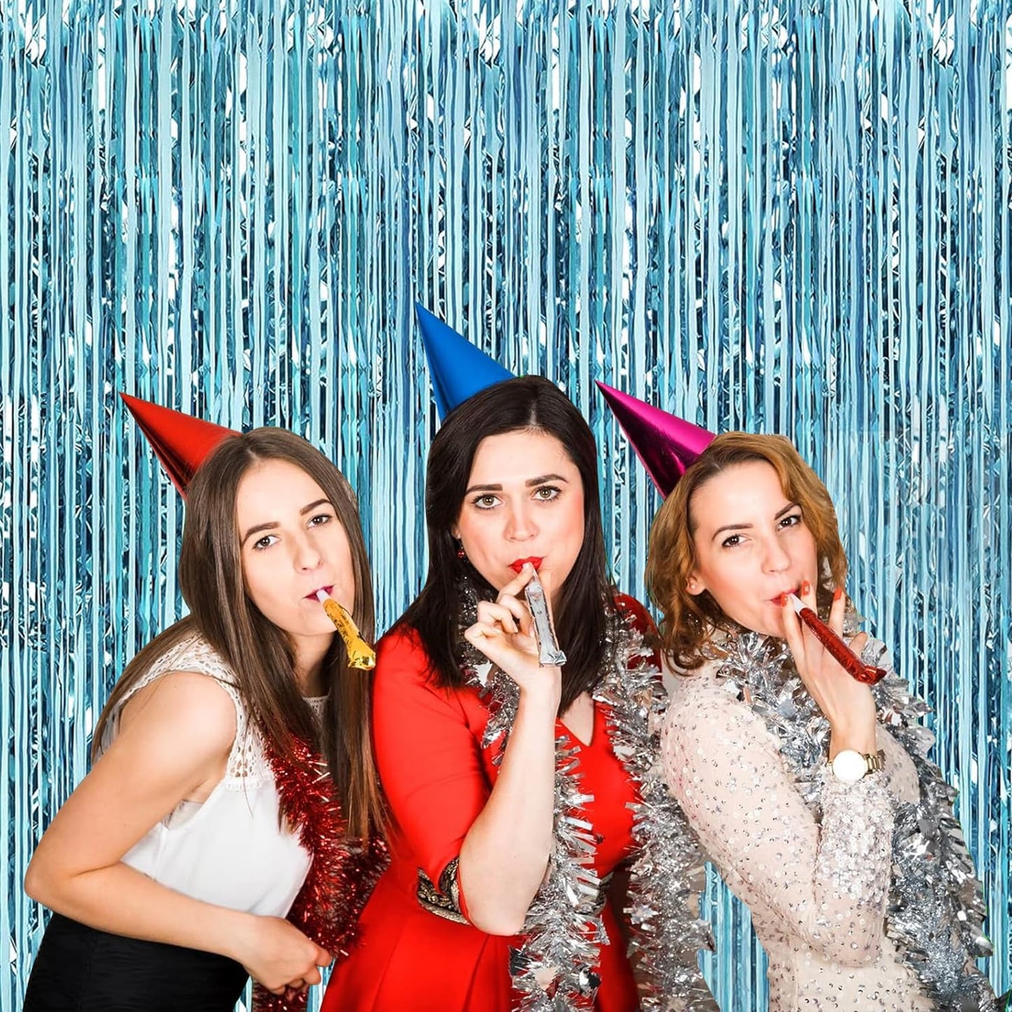 4P Metallic Foil Fringe Tinsel Table Skirts for Rectangle Tables Backdrop Banner Streamer Garland Curtains for Parade Floats Wedding Graduation Anniversary Birthday Parties Decoration(Light Blue)