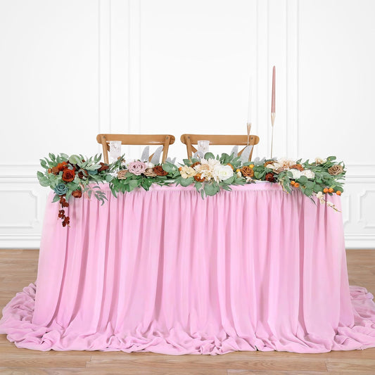 QueenDream Pink Chiffon Table Skirt 6ft Pink Table Cloth for Rectangle Tables Birthday Princess Girl Baby Shower Party