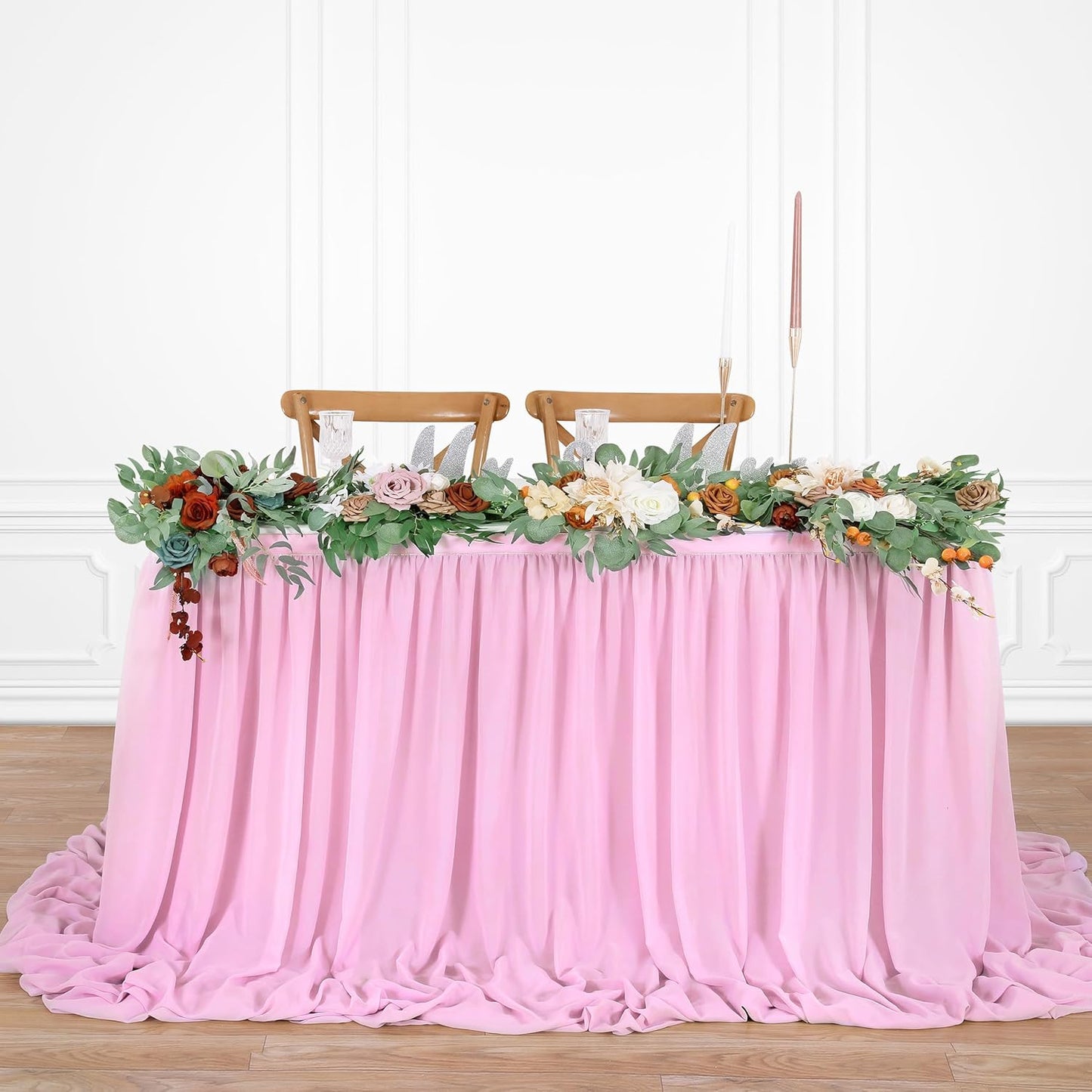 QueenDream Pink Sheer Table Skirts 14ft Chiffon Tablecloth for Rectangle Tables for Baby Shower Birthday Party Wedding Decorations