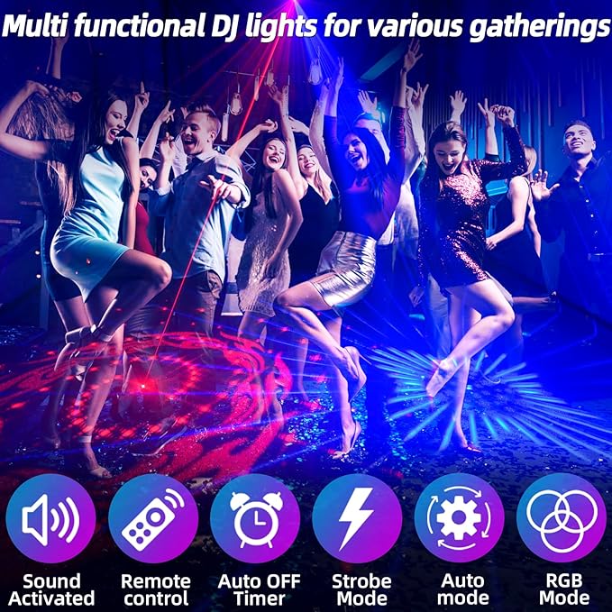 Party Lights, Sound Activated Stage Laser Lights with Remote Control, Disco DJ Lights Strobe Light Rave - Dance Floor Light Rotating with Patterns for Christmas Wedding Birthday