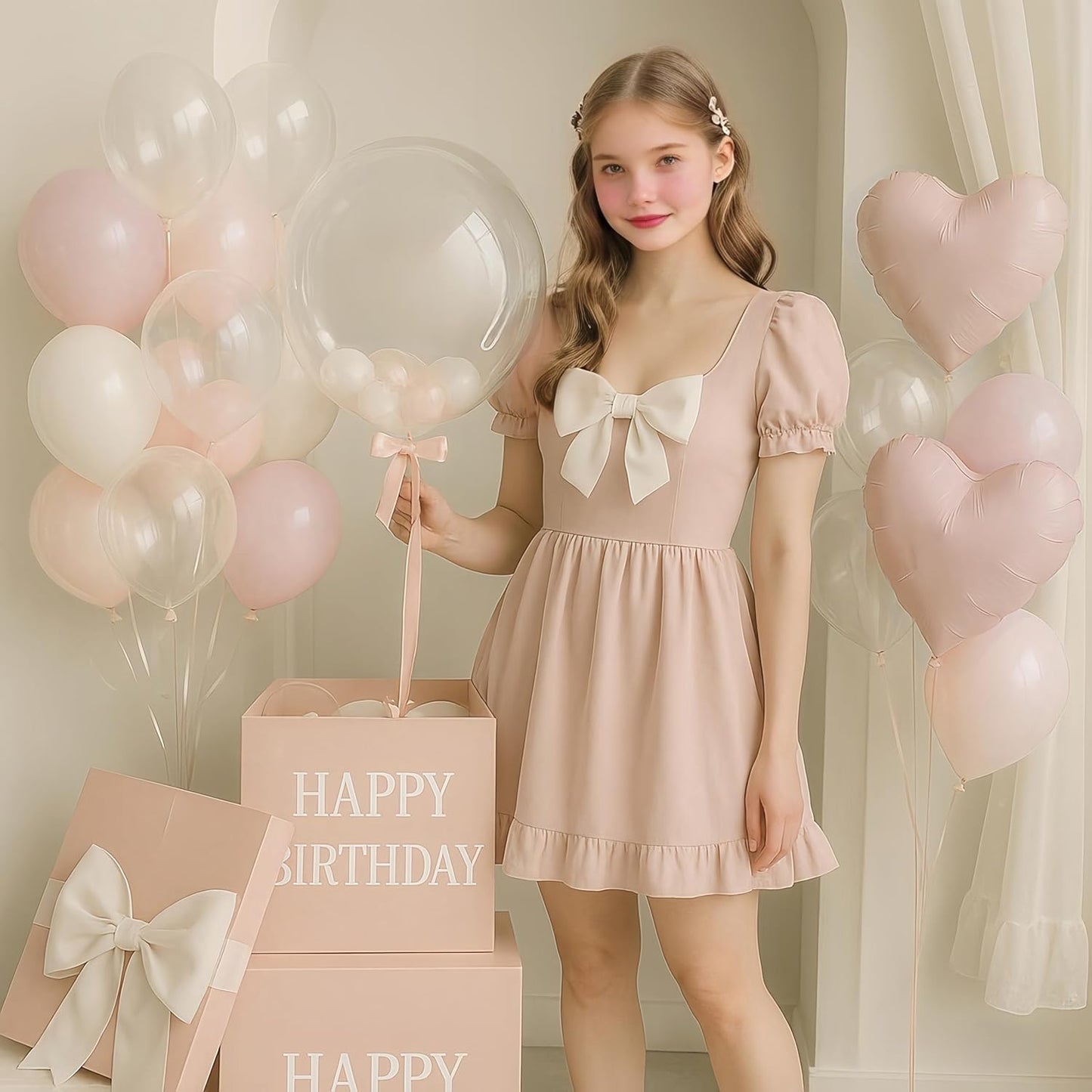 Pastel Pink and White Balloons Heart Shape Balloons, Light Baby Dusty Pink White Coquette Party Decorations with 18 inch Clear Heart Mylar Balloon for Princess Girl Just Want to Be One Birthday Decor