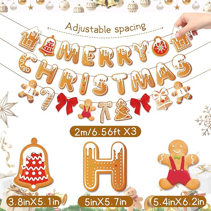 Merry Christmas Banner Gingerbread Christmas Hanging Decoration 3PCS Gingerbread Theme Garland Banner for Holiday Home Office Fireplace Wall Decor Outdoor Indoor Xmas Party Banner