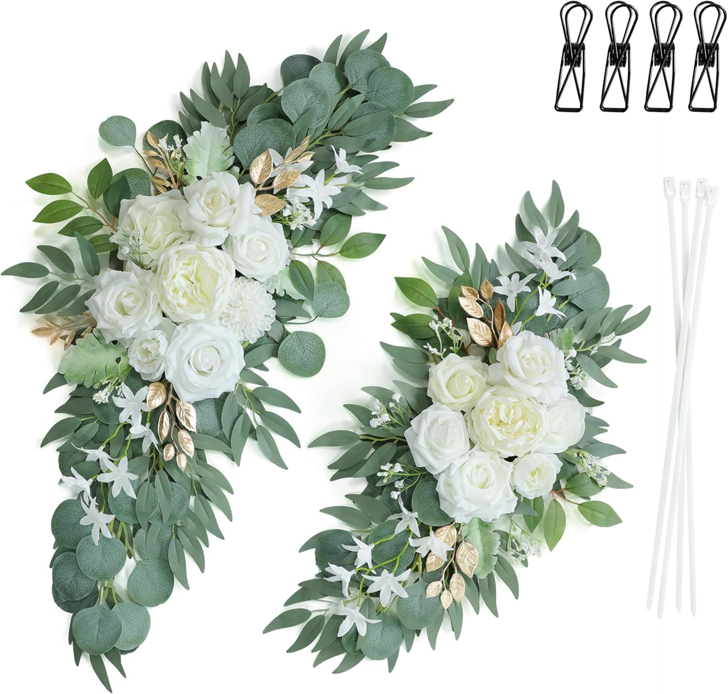 Artificial White Wedding Arch Flower Swags Set of 2 for Welcome Signs, Reception and Ceremony Decorations - Gold Floral Decor