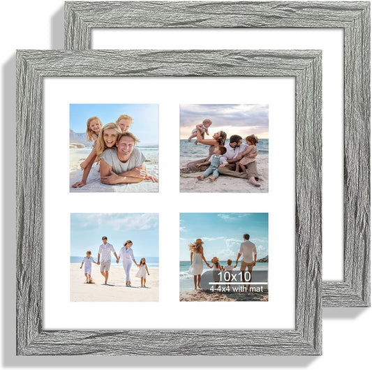 10x10 Picture Frame Set of 2, Real Glass and Grey Collage Frame, Display Pictures Four Opening 4x4 With Mat or 10 x 10 Without Mat for Wall Hanging or Tabletop