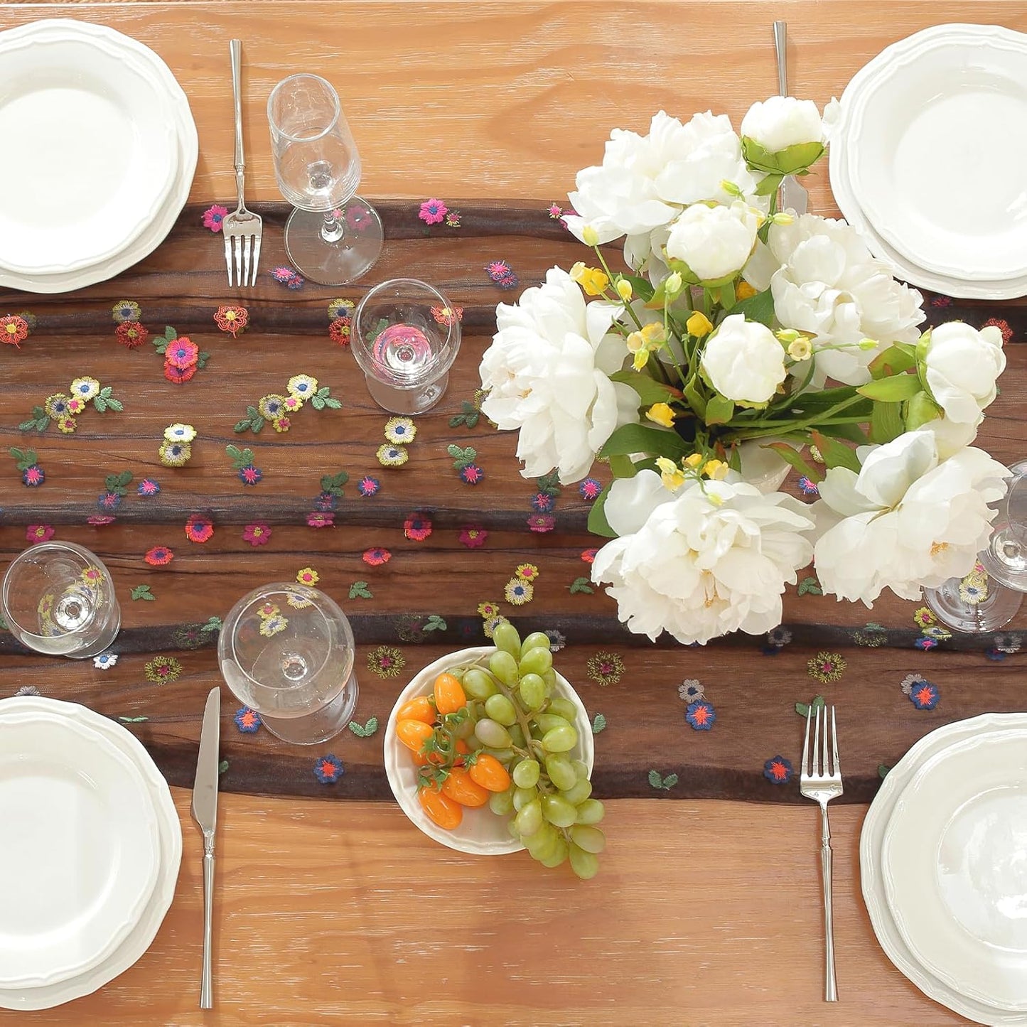 Black Embroidery Daisy Fall Table Runner 120Inch 10FT Florals Soft Sheer Tulle Fabric Table Runner for Home Decor, Brithday, Wedding, Baby Shower ,Holiday ,Parties, DIY Craft,3PC