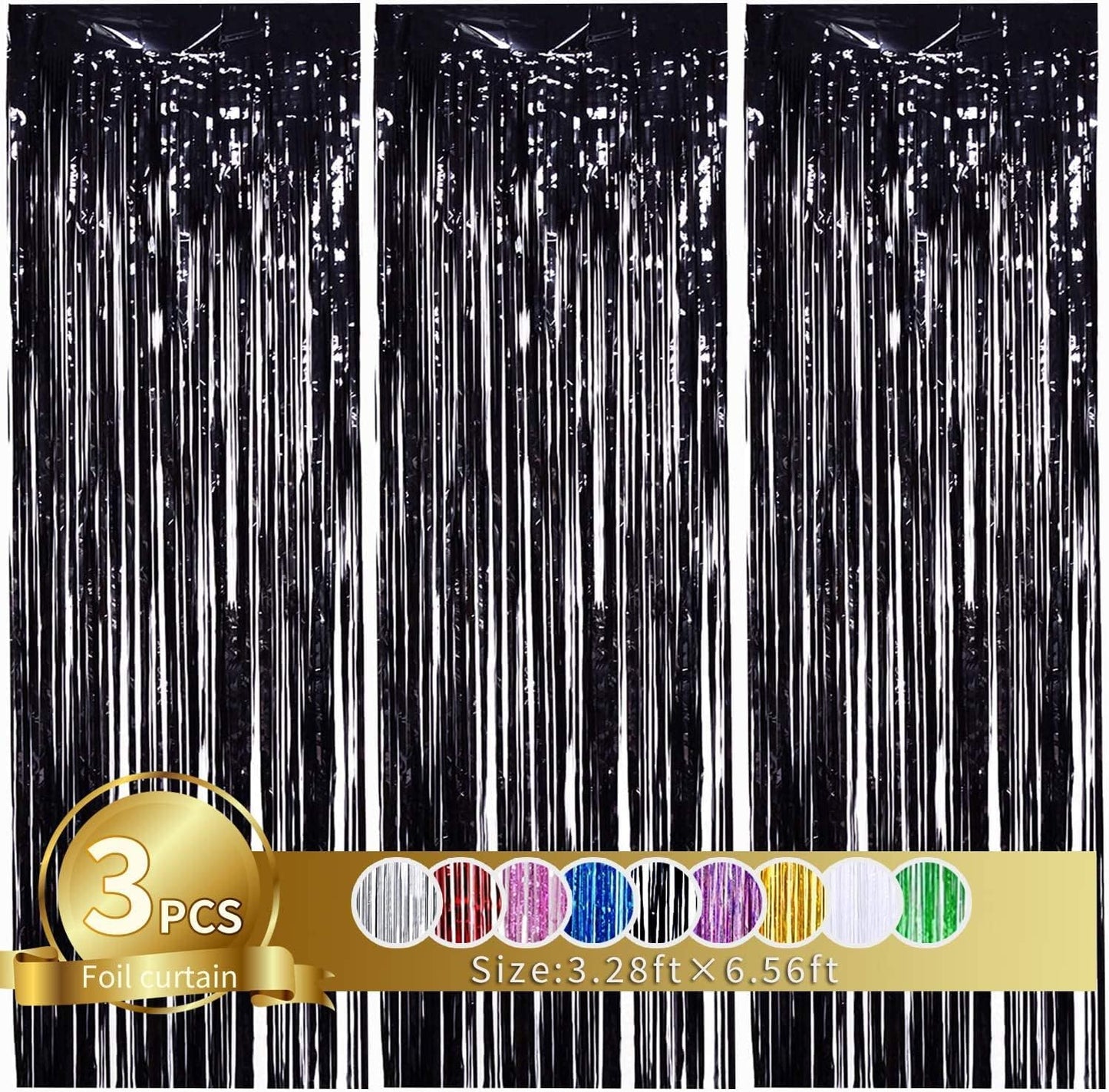 TONIFUL 3Pcs Black Door Streamers,Photo Booth Backdrop,Metallic Streamers Black Foil Fringe Curtains for Birthday,Christmas,New Year,St. Patrick's Day Halloween Party Streamers Decor(9.9ft x 6.6ft)