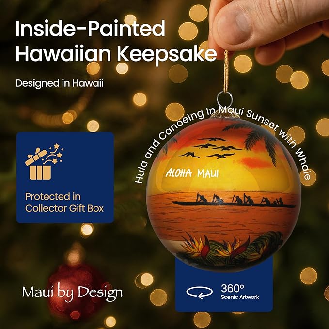 Collectible Maui Christmas Ornament - Sunset Hula Hand Painted from Inside Collectible with Gift Box SH/M