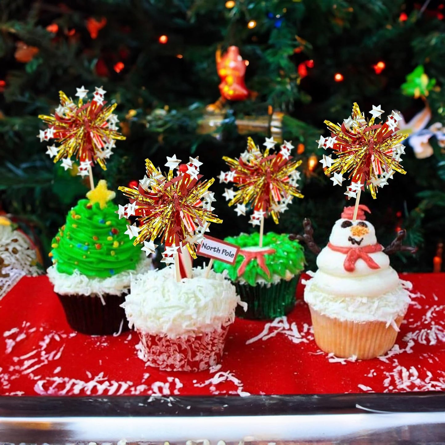 Ephlyn 30Pcs Foil Firework Cupcake Toppers Sparkle Tinsel Cupcake Picks Happy Birthday Cake Decorations Drink Stirrers Cocktail Food Fruit Toothpicks for Baby Shower Graduation Party Supplies Gold Red