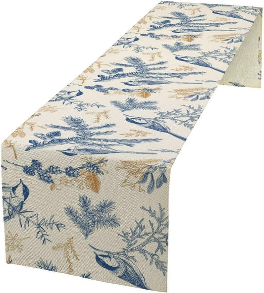 Floral Table Runner,Sketch Birds and Flowers Summer Table Runner Kitchen Dining Table Decoration for Home Party Decor 13x120 Inch