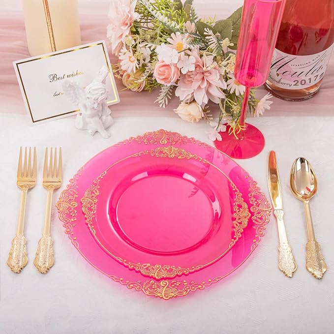 125PCS Hot Pink Plastic Plates - Clear Pink Gold Disposable Plates - Hot Pink Party Plate with Gold Plastic Silverware Set for 25 Guests for Wedding Party Birthday Valentine's Day