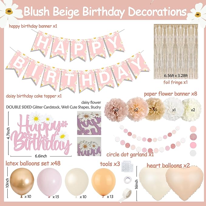 Blush Beige Birthday Decoration for Women Girls with Daisy Flower Happy Banner, Boho Dusty Pink Paper Pom Poms, White Sand Pink Gold Balloons Set And Fringe Curtain, Fall Birthday Theme Party Décor