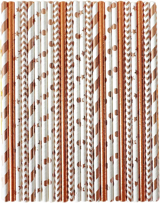 YAOSHENG [100 Pack] Pink & Gold Paper Straws Disposable, 100% Biodegradable Multi-Pattern Party Straws For Birthday, Wedding and Holiday Decoration (rose gold)
