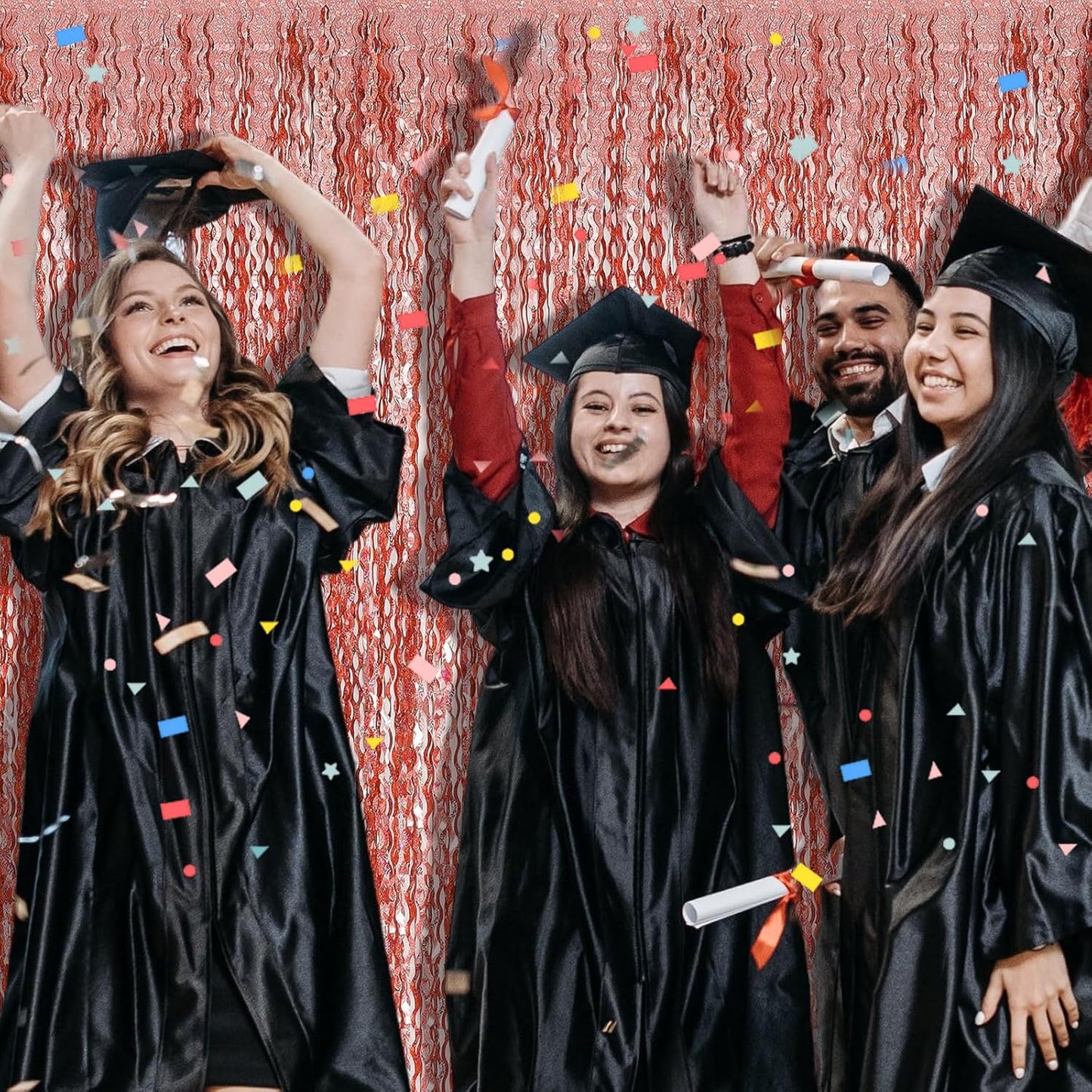 Rose Gold Tinsel Foil Fringe Curtains Wavy Backdrop for Parties Sparkle Metallic Wavy Foil Fringe Backdrop Curtain Photo Booth Props Birthday Graduation Wedding Bachelorette Party Decorations