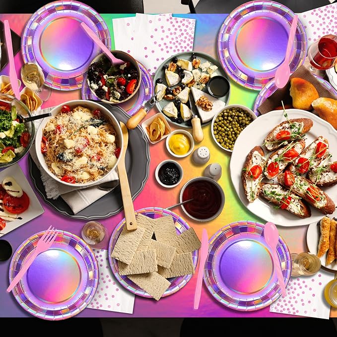 Iridescent Pink Party Supplies Decorations Serve 100, Hot Pink Holographic Paper Plates and Napkins, Disposable Pink Paper Plates Cups Knives Spoons Fork for Mermaid Disco Birthday Graduation Party