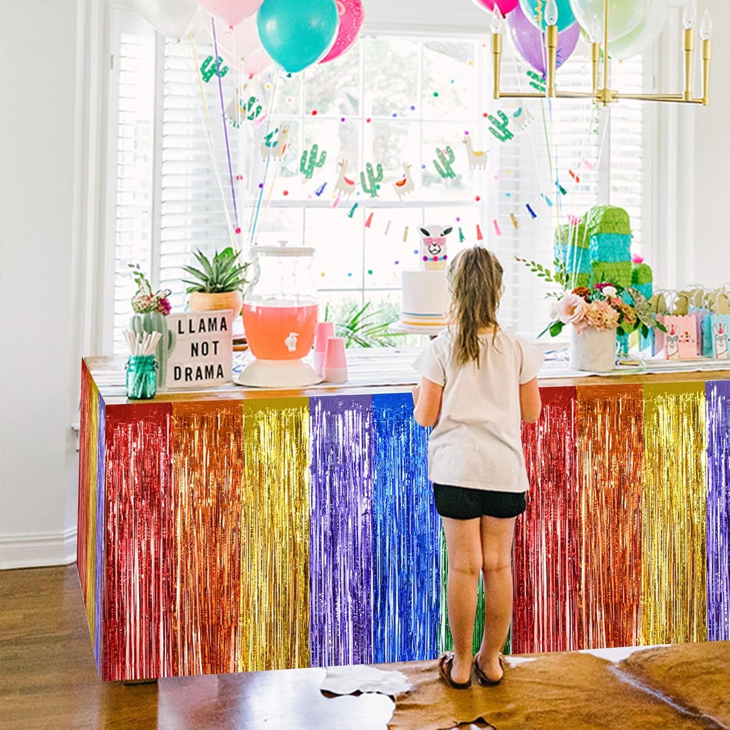 BEISHIDA 2 Pack Rainbow Metallic Tinsel Foil Fringe Table Skirts for Rectangle and Round Tables - Kids' Birthday, Baby Shower, Holiday Party Decor