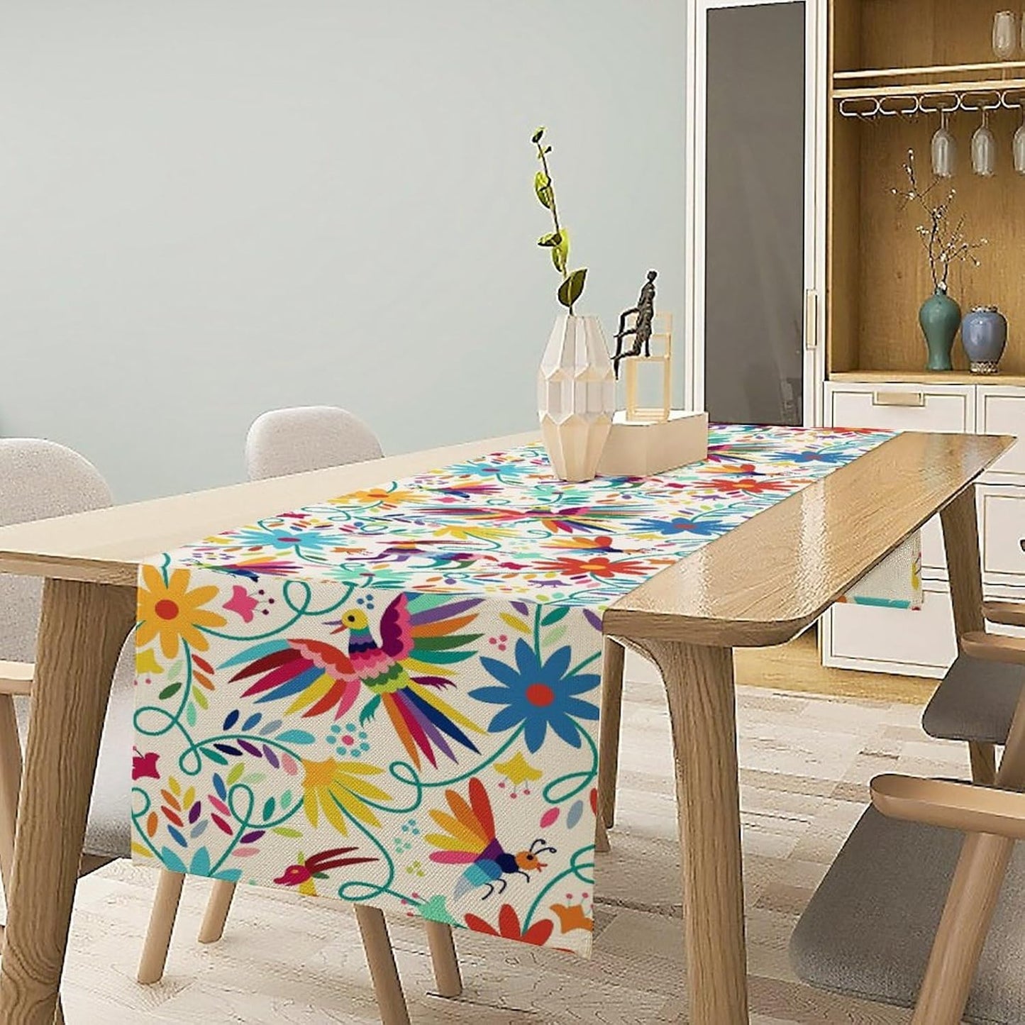 Mexican Table Runner,Boho Colorful Nature Inspired Flowers and Birds Table Cloth Kitchen Dining Table Home Party Decoration 13x60 Inch