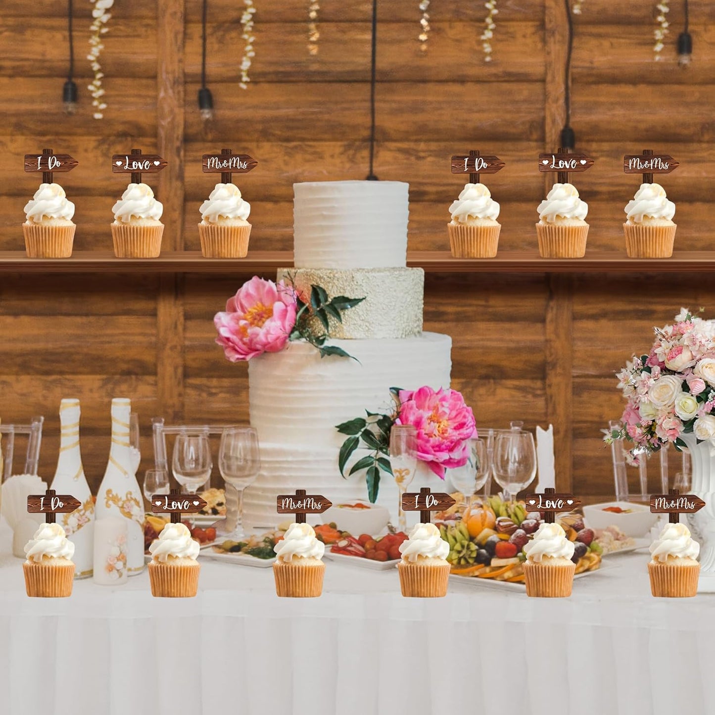 12 PCS Rustic Wedding Cupcake Toppers in Wood Wedding Engagement Cake Decorations