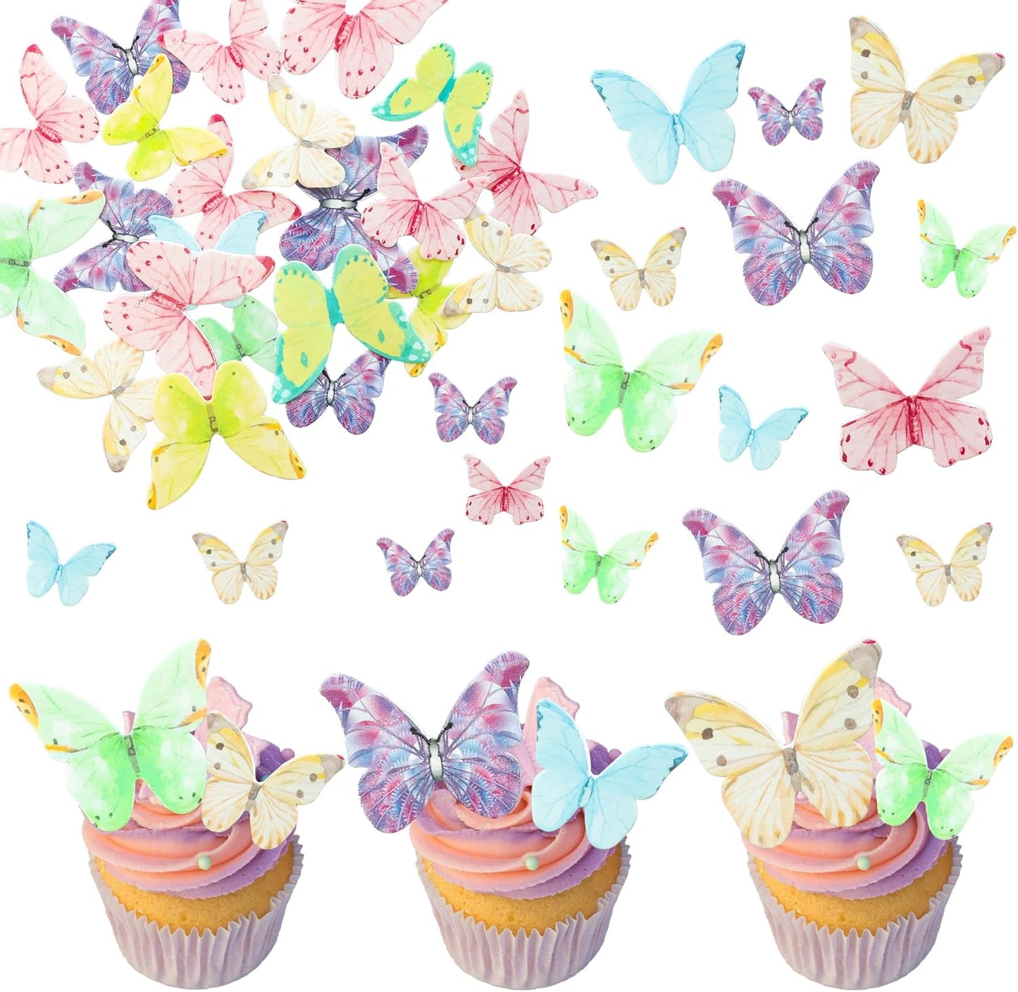 Ephlyn 40Pcs Edible Butterfly Cupcake Toppers 3D Butterfly Cake Picks Mixed Color Cake Decorations for Baby Shower Wedding Kids Birthday Party Supplies Light Multicolor