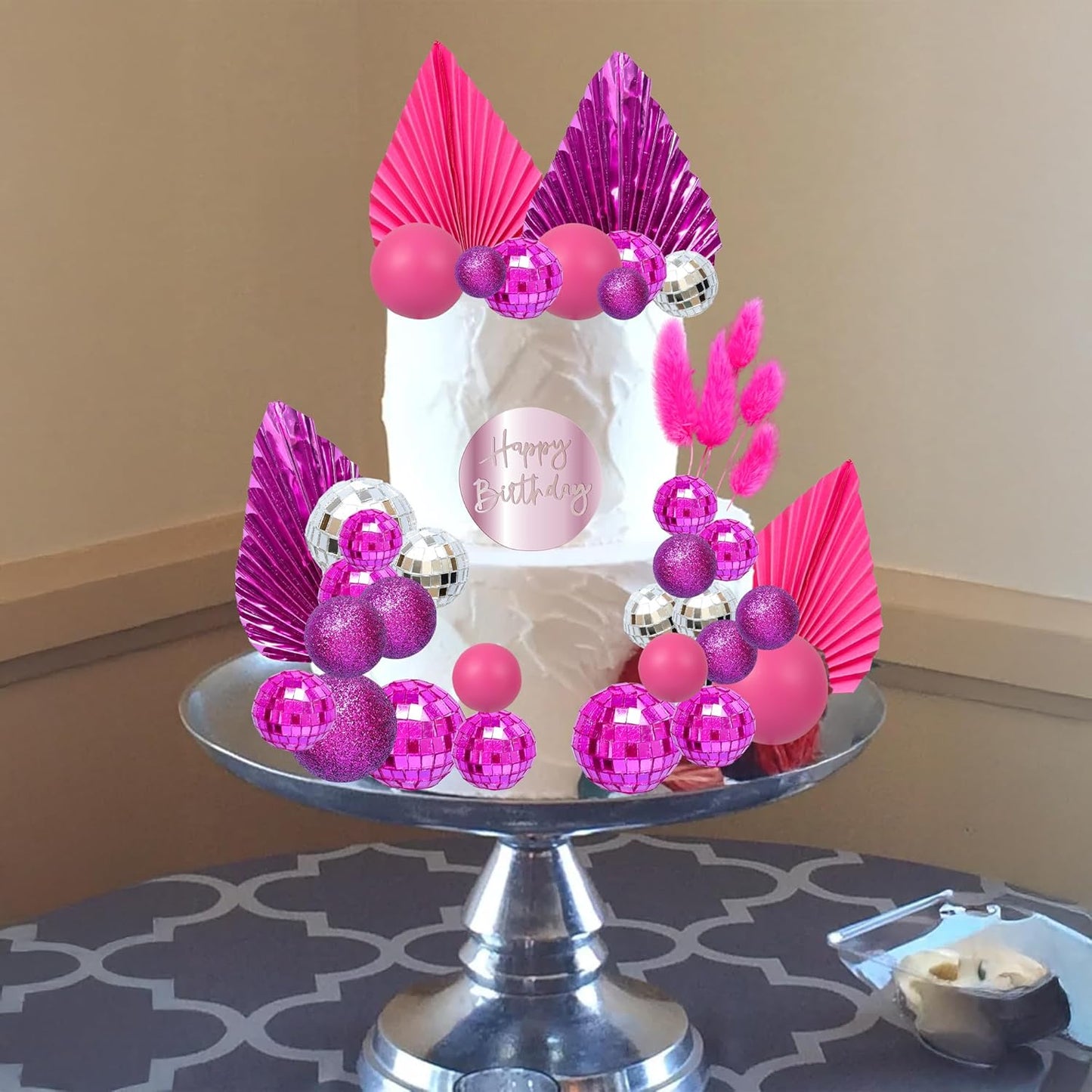 Ephlyn 33 Pack Balls Cake Toppers Boho Palm Leaves Cake Decorations Round Acrylic Happy Birthday Cupcake Toppers for Birthday Wedding Baby Shower Party Supplies Rose Red