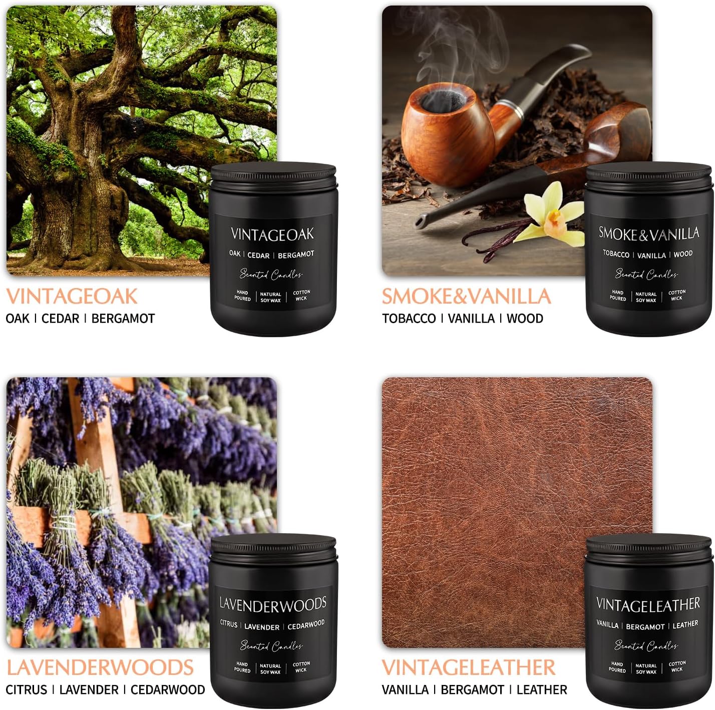 Scented Candles Gift Set - 4 Pack (7oz Each) Soy Wax Aromatherapy Candles with Essential Oils, Smokeless - Leather & Smoke, Vanilla Oakmoss, Lavender for Office, Gifts