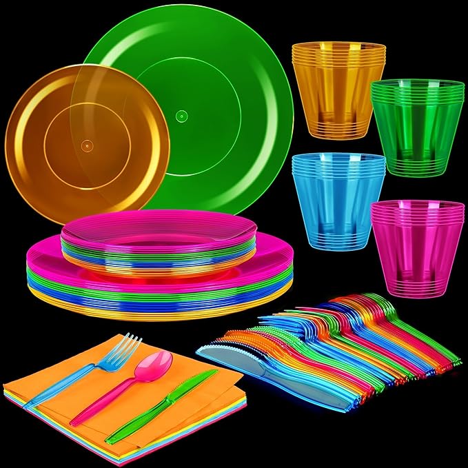 Kochorie 252 PCS Neon Party Supplies Serves 36 Including 7.5 & 10.25 In Disposable Plastic Neon Plates 9 Oz Cups Cutlery Napkins Tableware Set Dessert Cake Plates for Blacklight Party Birthday
