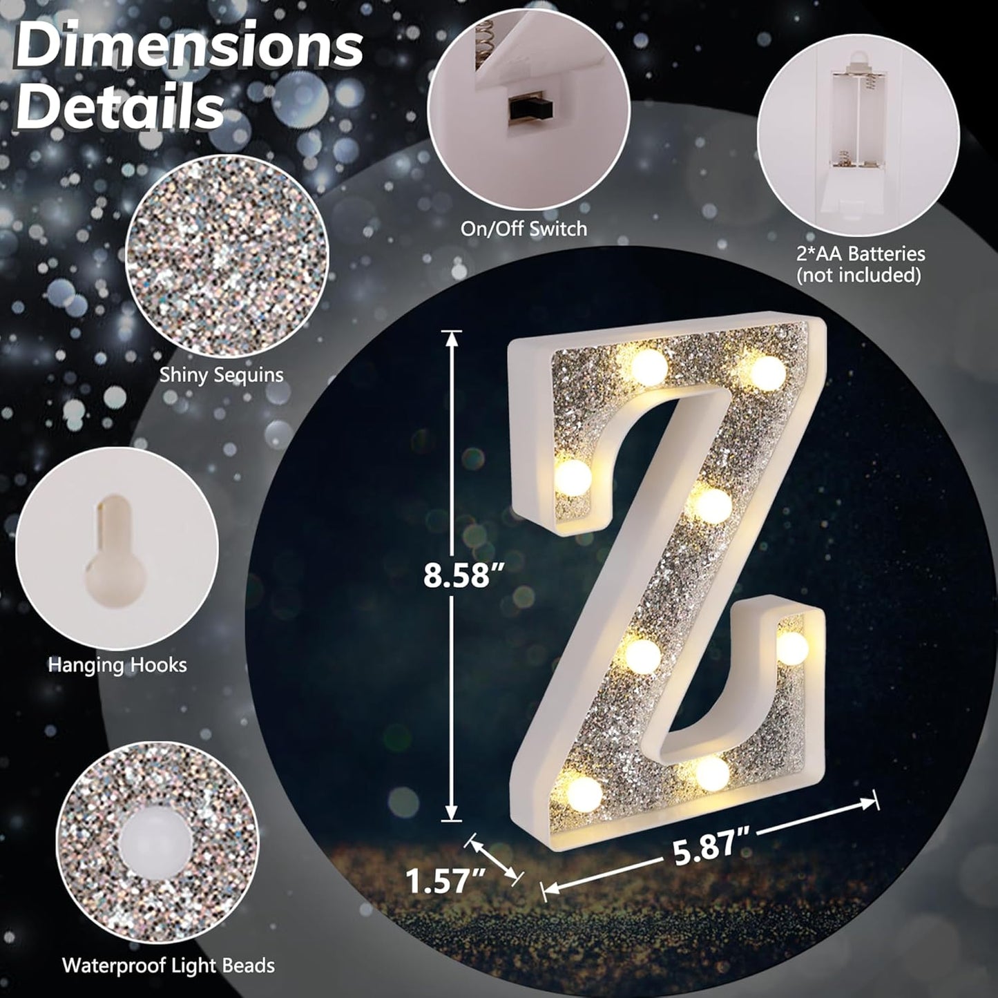 Marquee Light Up Letters, Glitter Silver LED Letter Lights Battery Powered Alphabet Letter Sign for Night Light Wedding Birthday Party Cafe Bar Decoration Girls Room Decor - Z