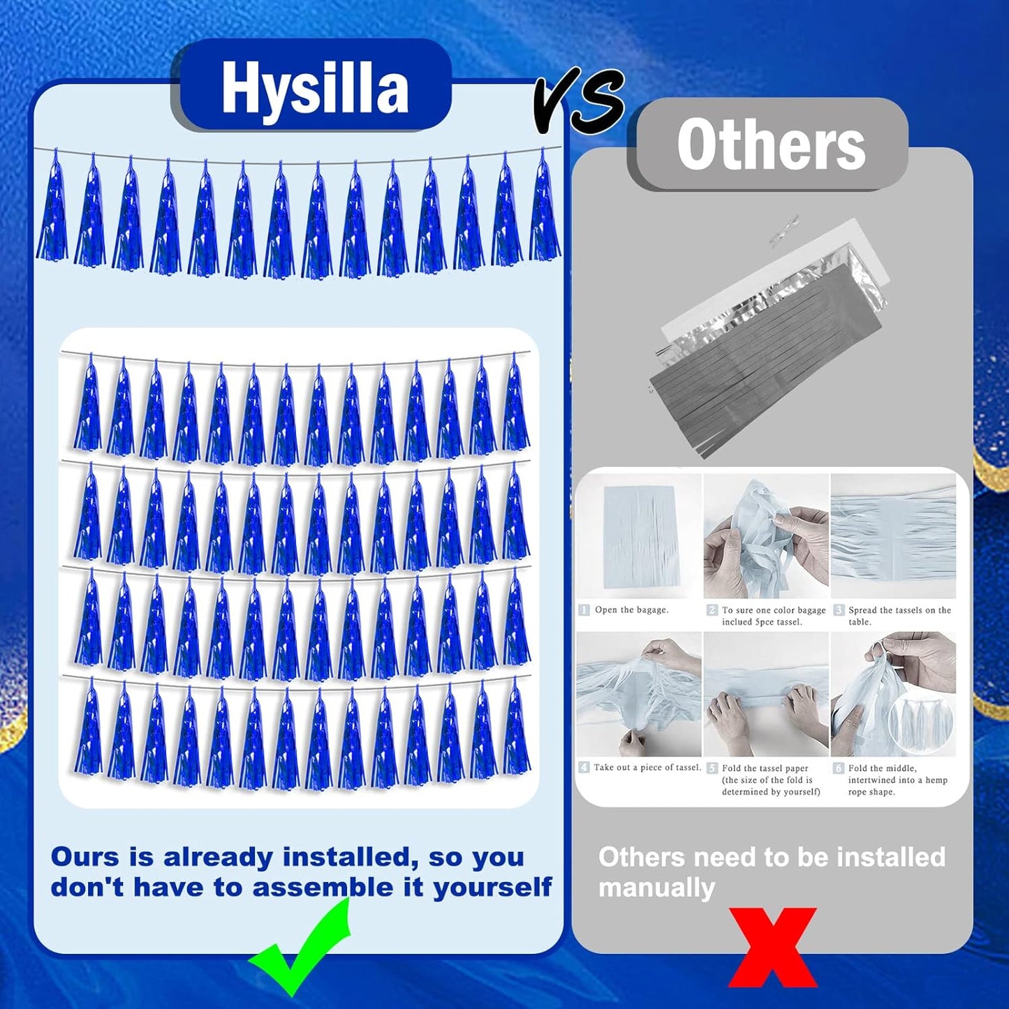 8P Blue Foil Fringe Metallic Tassel Streamers Banner Tassel Garland for Parade Floats, Bachelorette, Wedding, Birthday, Halloween, Christmas, Bridal/Baby Shower Party Decorations