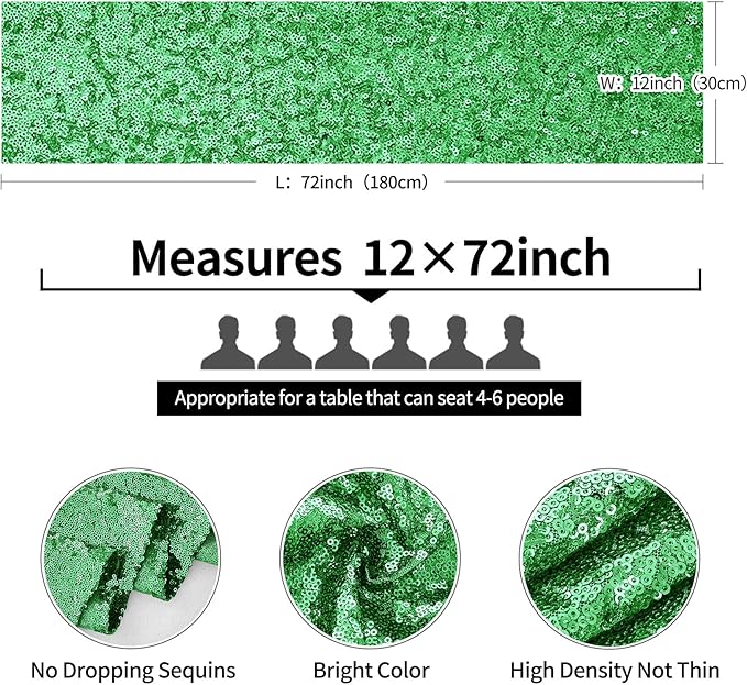 2 Packs 12 x 72 inches Grass Green Sequin Table Runner, Glitter Runner for Birthday Party Supplies Decorations Wedding Bachelorette Holiday Celebration Bridal Shower Baby Shower