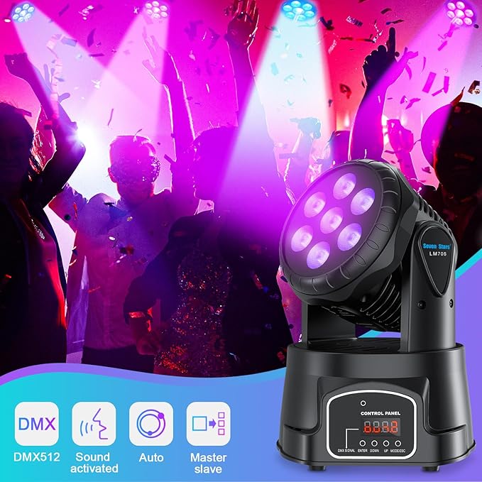 Seven Stars 60W Moving Head DJ Lights, RGBW Stage Lights, DMX512 DJ Lighting 9/16 Channel, Professional Spotlight for Parties, Bars, Disco, Church, Club, Halloween