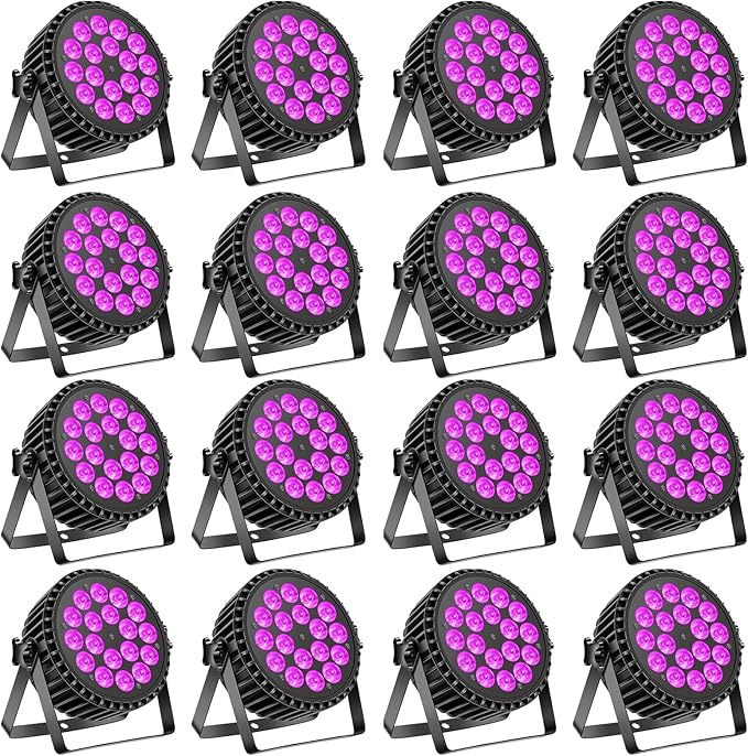 Par Can Lights Stage Lights, 18 LED 180W RGB+UV Uplights Stage Lighting Effect by DMX and Sound Control Stage Lighting for Party Bar Disco DJ Live Show Wedding (16 Packs)
