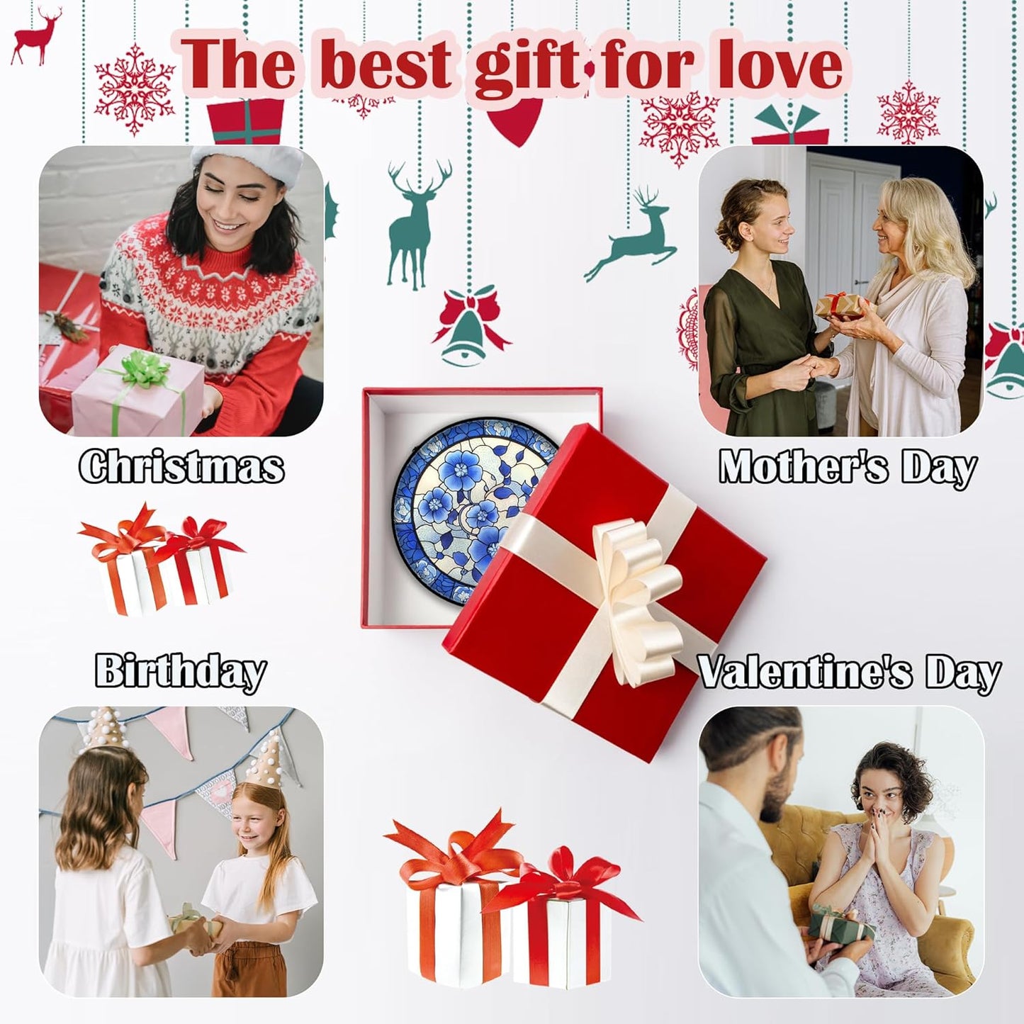 Stained Glass Window Hanging, Blue and White Plum Blossom Sun Catcher for Door Home Decor Flowers Suncatcher Christmas Mother's Day Birthday Gifts for Women Men Mom and Nana 9.8 in