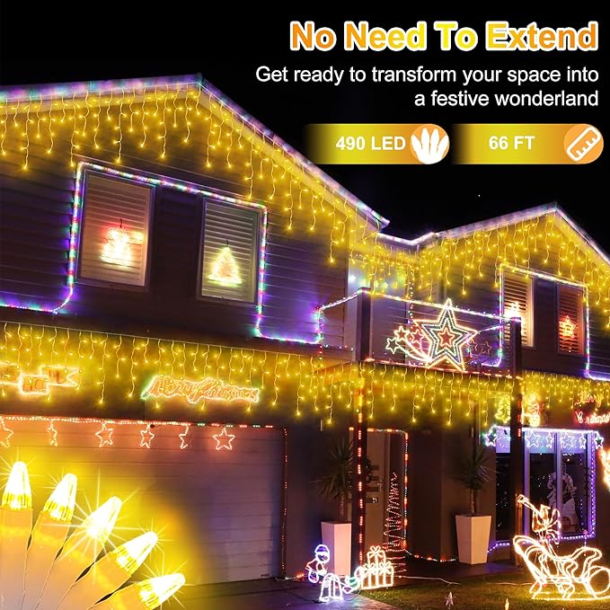 66 FT LED Christmas Lights with 140 Drops, 490 LED Indoor Outdoor Christmas Decorations, 8 Lighting Mode Waterproof Fairy Lights with Timer for Xmas Holiday Wedding Yard Party Warm White