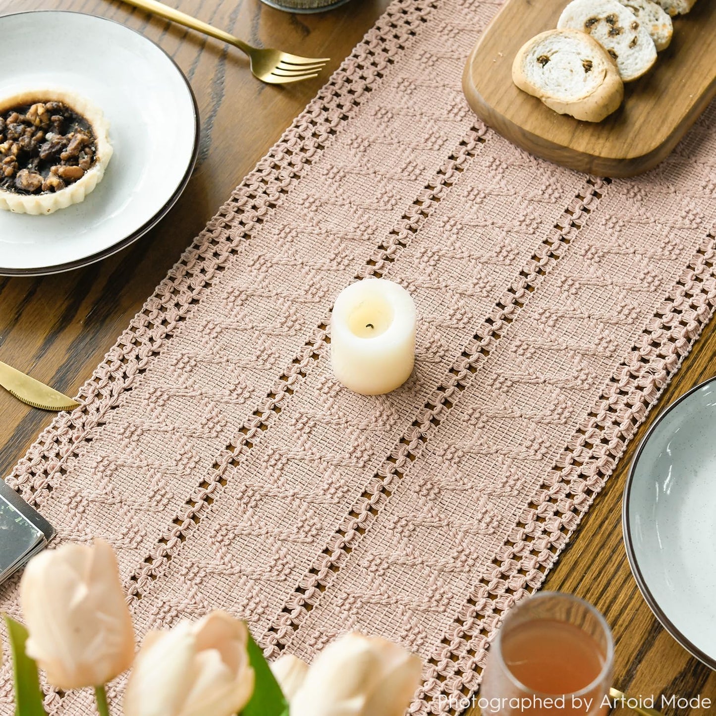 Artoid Mode Pink Farmhouse Woven Rustic Hollow Table Runner, Seasonal Holiday Hollow Kitchen Dining Table Decoration for Home Party Decor 12x48 Inch