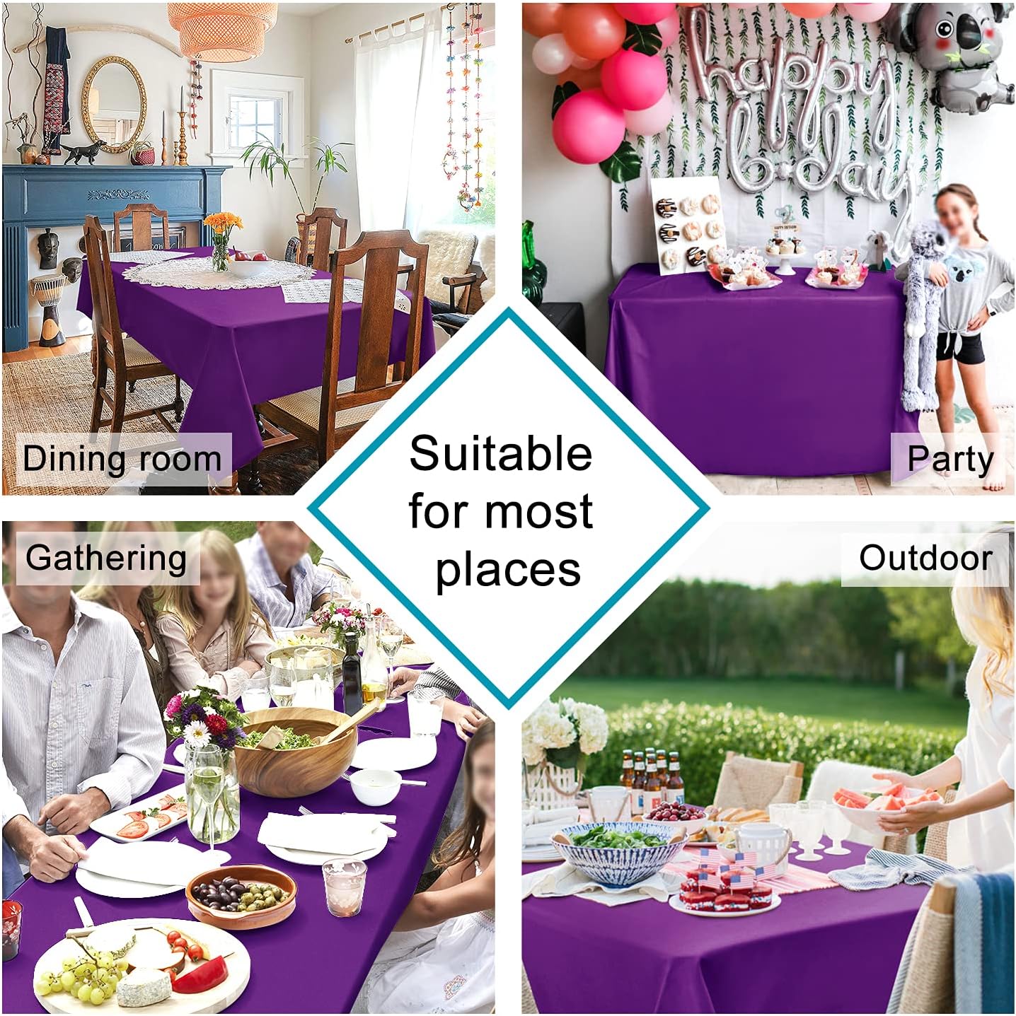 Hiasan Waterproof Tablecloth Rectangle - Washable Fabric Table Cloth for Dining Room Kitchen Birthday Party and Outdoor Use, Royal Purple, 54 x 120 Inch