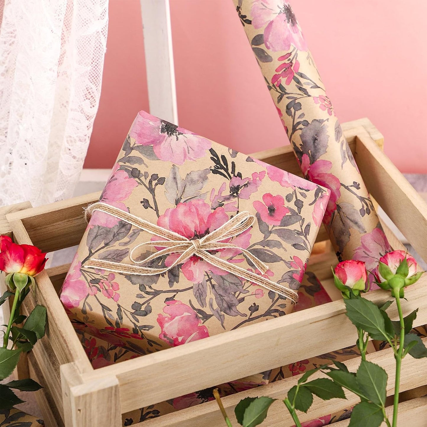 RUSPEPA Pink Wrapping Paper Roll, 17 in x 16.4 ft, Mini Roll, Floral Wrapping Paper, Kraft Gift Flower Paper for Women, Girls, Spring, Summer, Wedding and Engagement