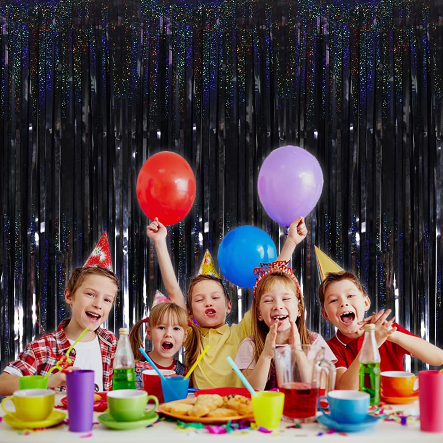 4 Pack Black Tinsel Foil Fringe Curtain Backdrop, 3.28Ft x 8.2Ft Metallic Streamers for Photo Booth Props Wedding Bridal Shower Bachelorette Birthday Halloween Christmas Party Decoration