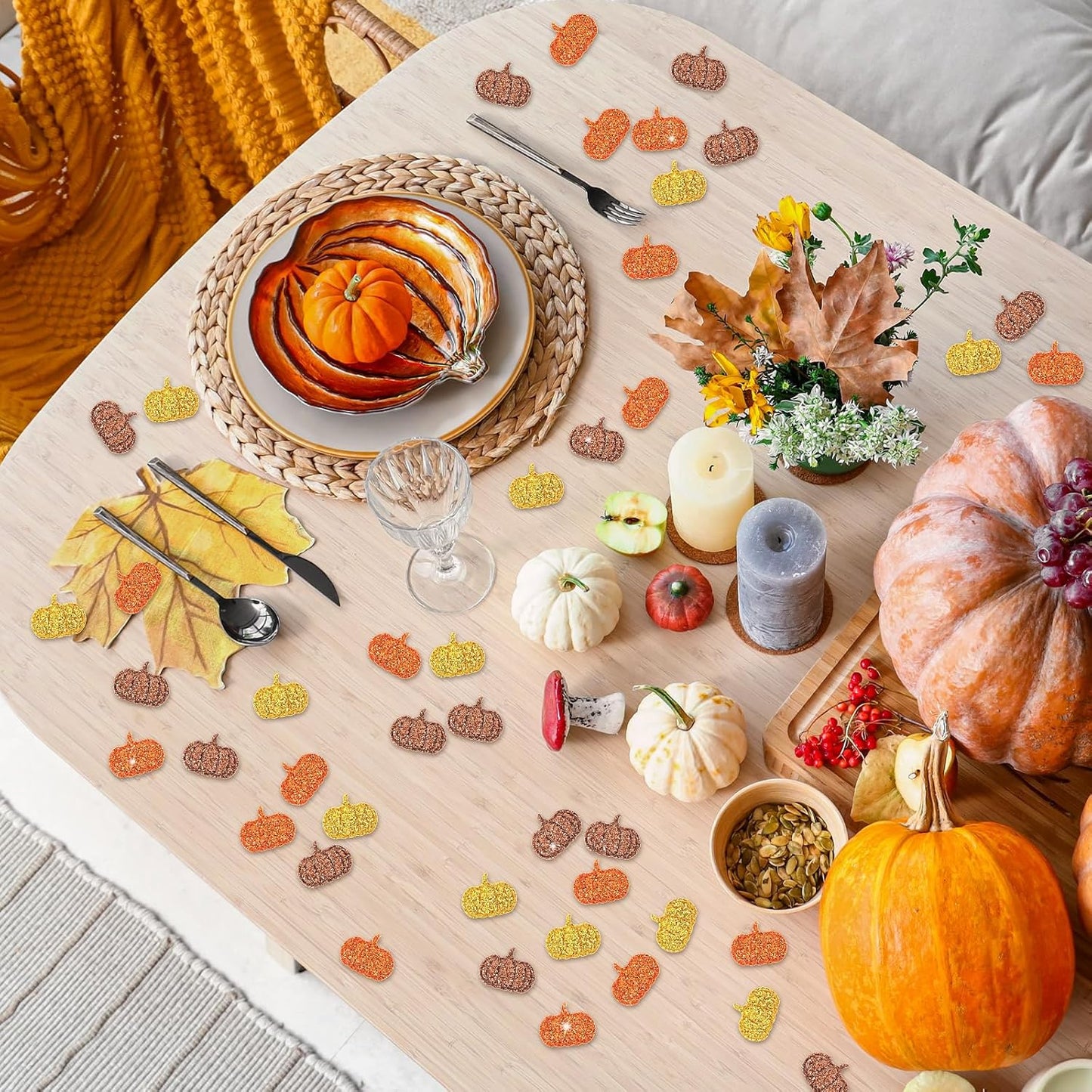 MARFOREVER Fall Felt Pumpkin Glitter Confetti, 500Pcs Thanksgiving Pumpkins Confetti Decorations Mixed Fall Colors Table Scatter Centerpiece for Fall Art Crafts Supplies Thanksgiving Party Accessories