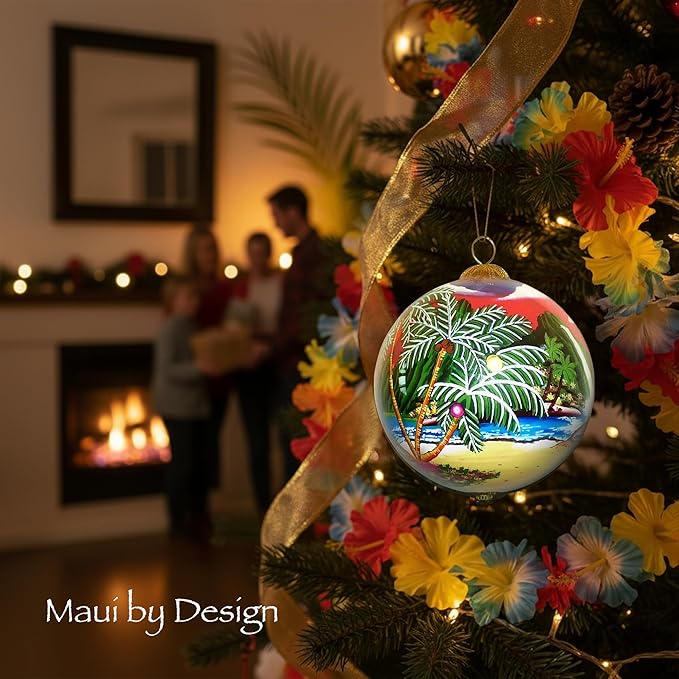 Collectible Hawaiian Santa Christmas Hand-Painted Glass with Gift Box Ornament MK/H