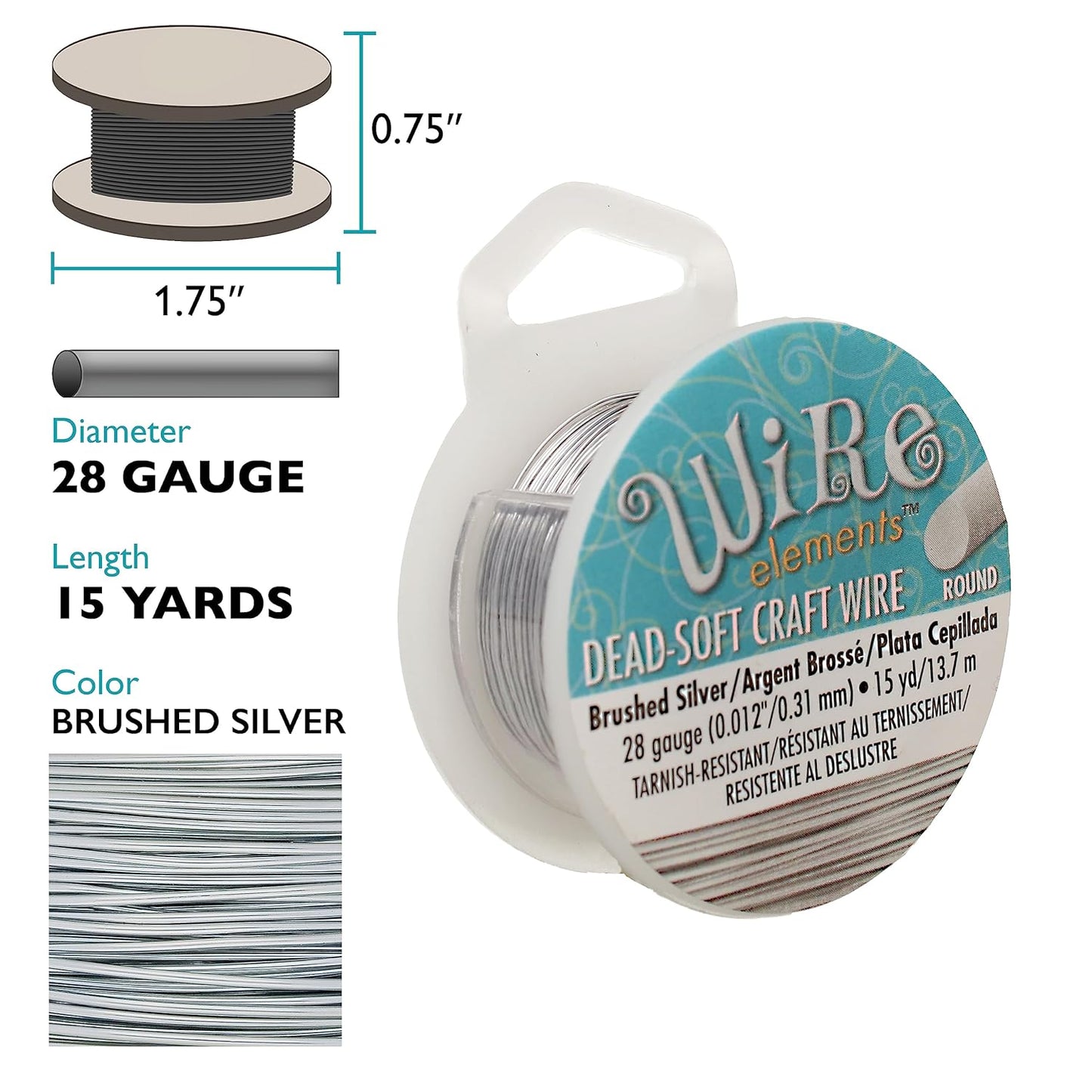 The Beadsmith Wire Elements Craft Wire – Tarnish Resistant, Soft Temper, Round, Brush Silver Color – 0.32mm, 28 Gauge, 15 Yard Spool – Jewelry Making, Wire Wrapping, Floral, & Other DIY Crafts