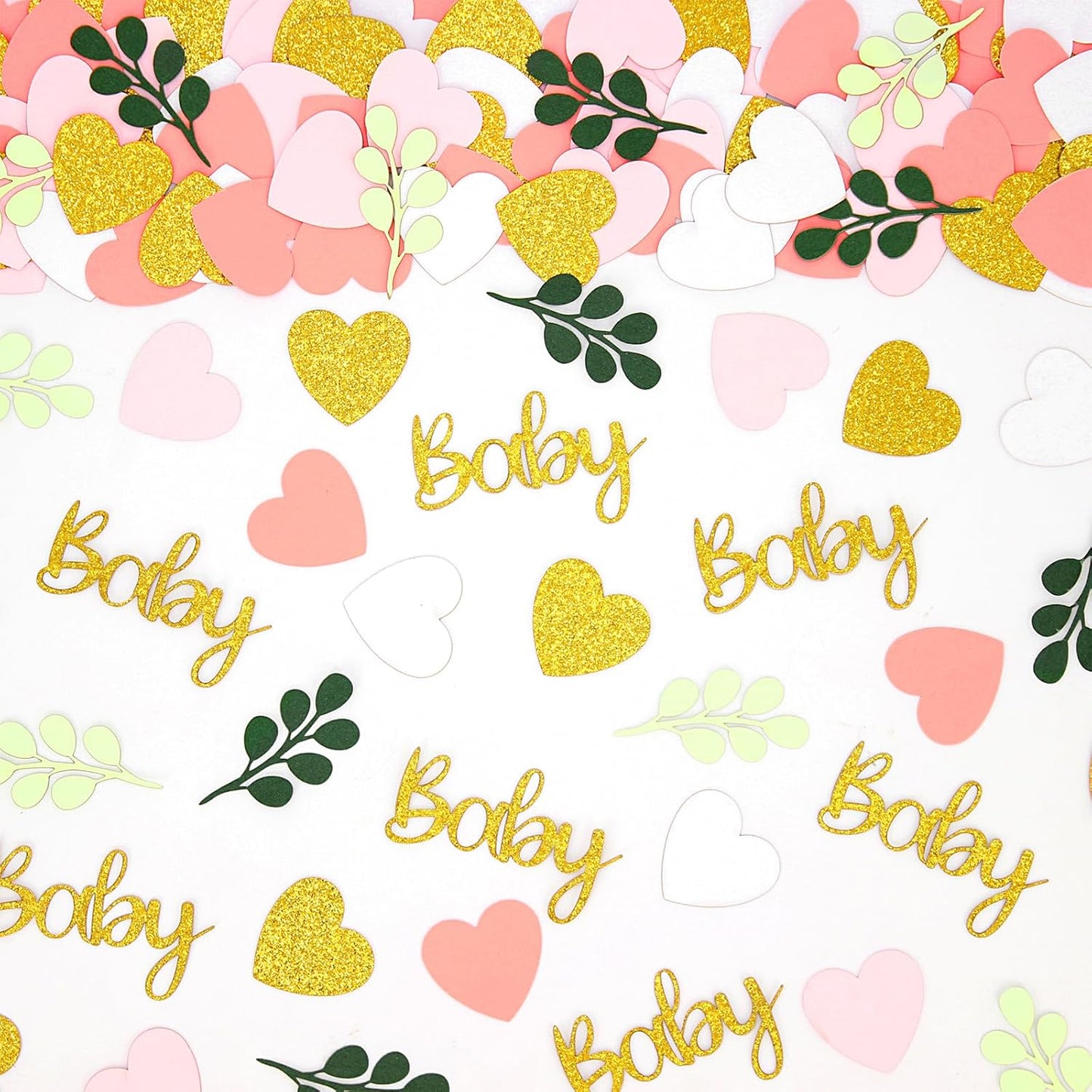 200PC Greenery Baby Shower Confetti Pink and Sage Green Baby Shower Decorations for Girl Eucalyptus Hearts Table Scatters for Its a Girl Party Decor Supplies