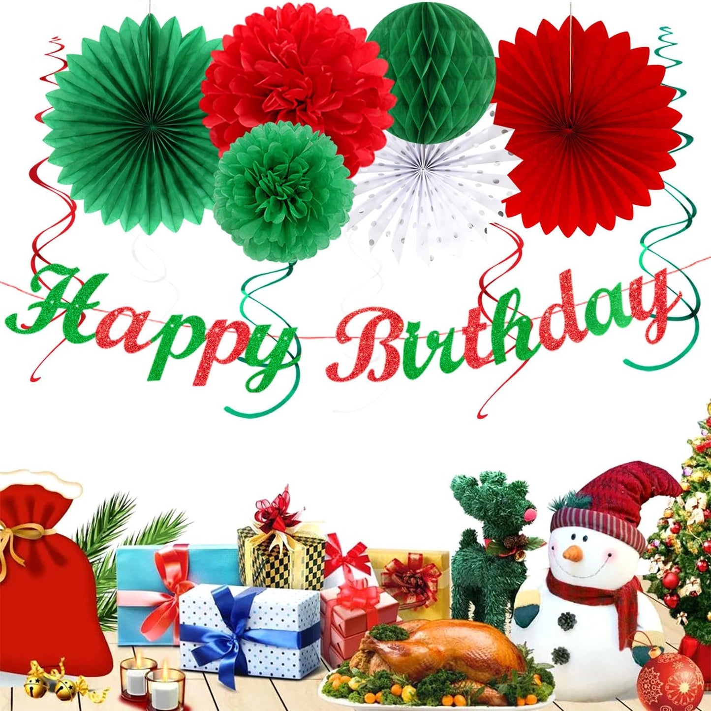 Red White Green Mexican Christmas Birthday Party-Decorations - 21pcs Happy Banner,Paper Lanterns Honeycomb,Tissue Pom Poms Flower Fan,Italian Kids Classroom Hanging Streamers Garland Decor Huglony