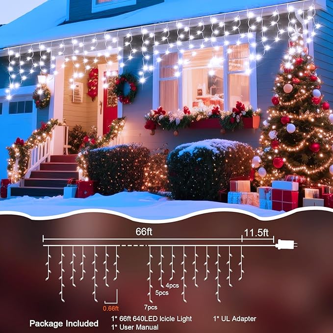 66 Ft Ice Lights for Outside, 640 LED Christmas Lights Outdoor Plug in, Christmas String Lights with 8 Modes & Timer for Holiday, Party, Wedding, House, Patio, Outdoor Decor(Cool White)