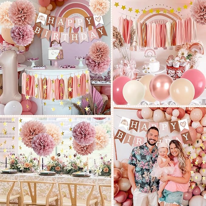 Birthday Decorations for Women, Retro Blush Pink Party Balloons Boho Happy Birthday Banner Paper Pompoms Tassel Garland, Neutral Rustic Birthday Party Décor Supplies Girls Boys Adults